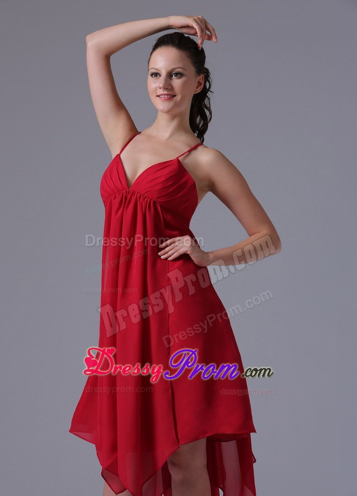 Spaghetti Straps Asymmetrical Hem Wine Red Quinceanera Dama Dress