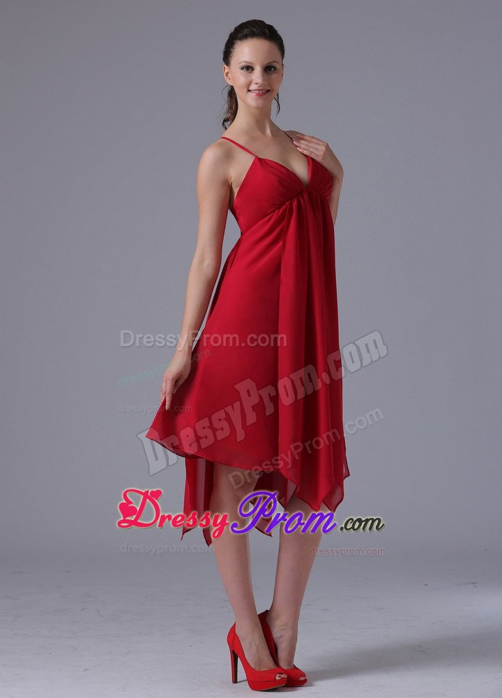 Spaghetti Straps Asymmetrical Hem Wine Red Quinceanera Dama Dress