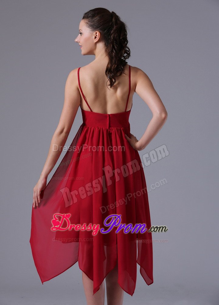 Spaghetti Straps Asymmetrical Hem Wine Red Quinceanera Dama Dress