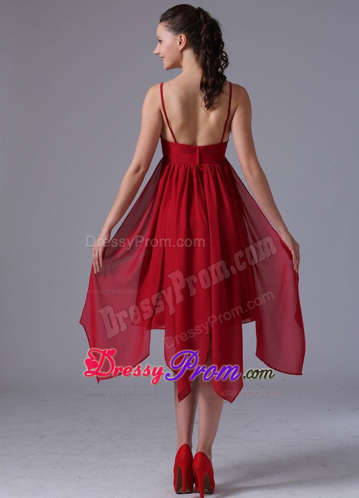 Spaghetti Straps Asymmetrical Hem Wine Red Quinceanera Dama Dress