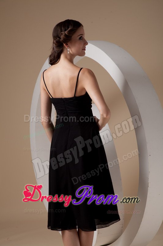 Ruched Black Tea Length Quinceanera Dama Dress with Spaghetti Straps