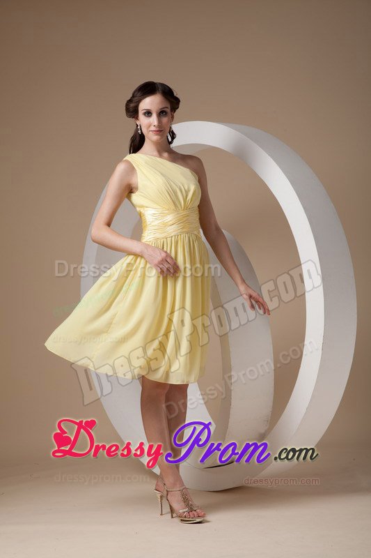 Ruched One Shoulder Quinceanera Dama Dress in Light Yellow 2014