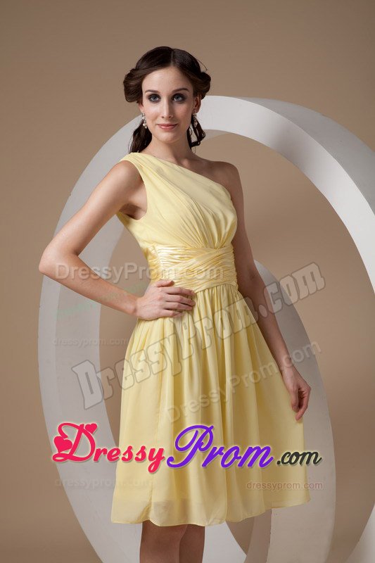 Ruched One Shoulder Quinceanera Dama Dress in Light Yellow 2014