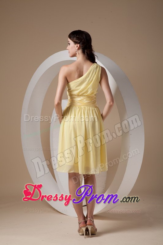 Ruched One Shoulder Quinceanera Dama Dress in Light Yellow 2014
