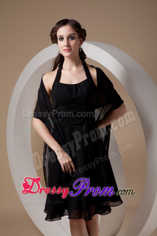 Beautiful Black Chiffon Halter Quinceanera Dama Dress with Ruches