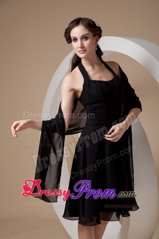 Beautiful Black Chiffon Halter Quinceanera Dama Dress with Ruches