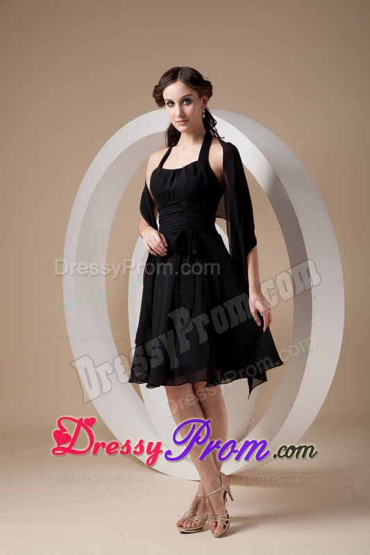 Beautiful Black Chiffon Halter Quinceanera Dama Dress with Ruches