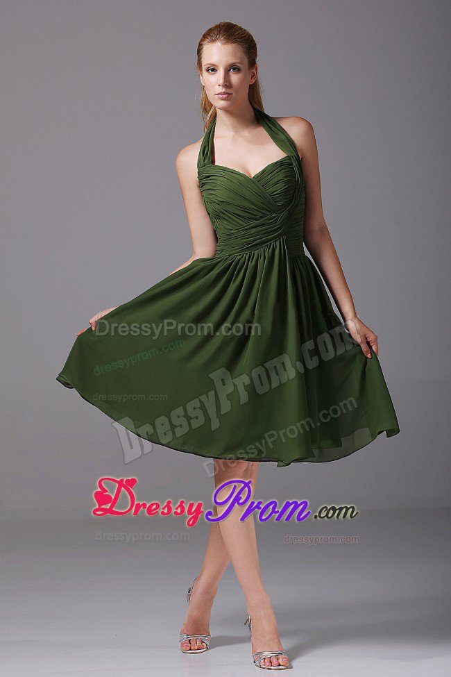 Ruched Chiffon Halter Quinceanera Dama Dress in Olive Green 2014