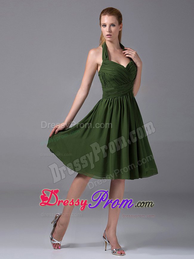 Ruched Chiffon Halter Quinceanera Dama Dress in Olive Green 2014