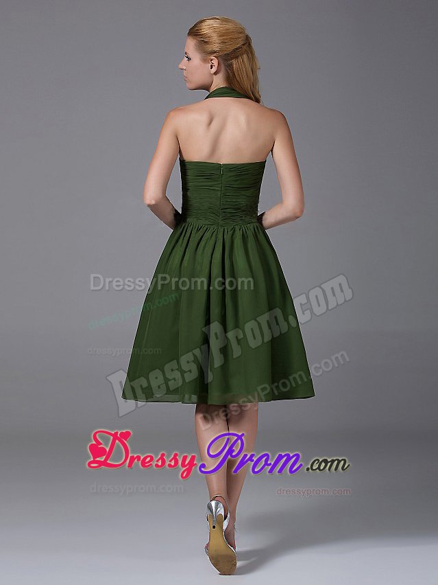 Ruched Chiffon Halter Quinceanera Dama Dress in Olive Green 2014