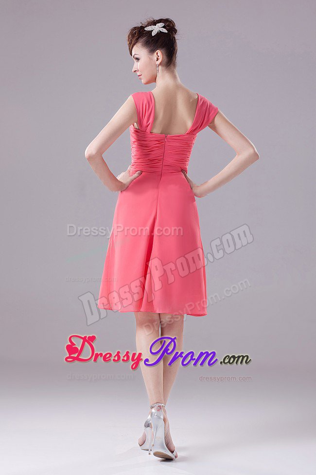 Ruches Accent Watermelon Quinceanera Dama Dress with Straps 2014