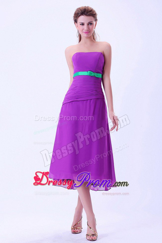 Ruched Lavender Chiffon Tea Length Quinceanera Dama Dresses Belt
