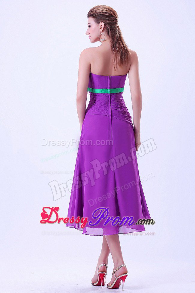 Ruched Lavender Chiffon Tea Length Quinceanera Dama Dresses Belt