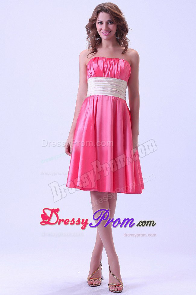 Wide Sash and Ruches Accent Quinceanera Dama Dress in Hot Pink