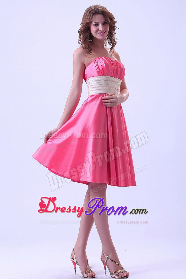 Wide Sash and Ruches Accent Quinceanera Dama Dress in Hot Pink