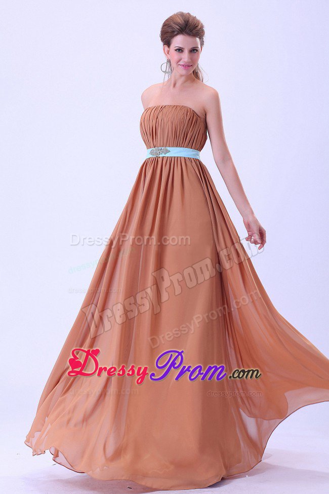 Ruched and Beaded Brown Chiffon Long Quinceanera Dama Dresses