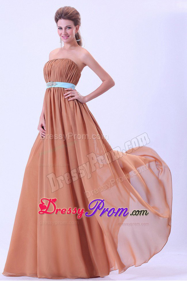 Ruched and Beaded Brown Chiffon Long Quinceanera Dama Dresses