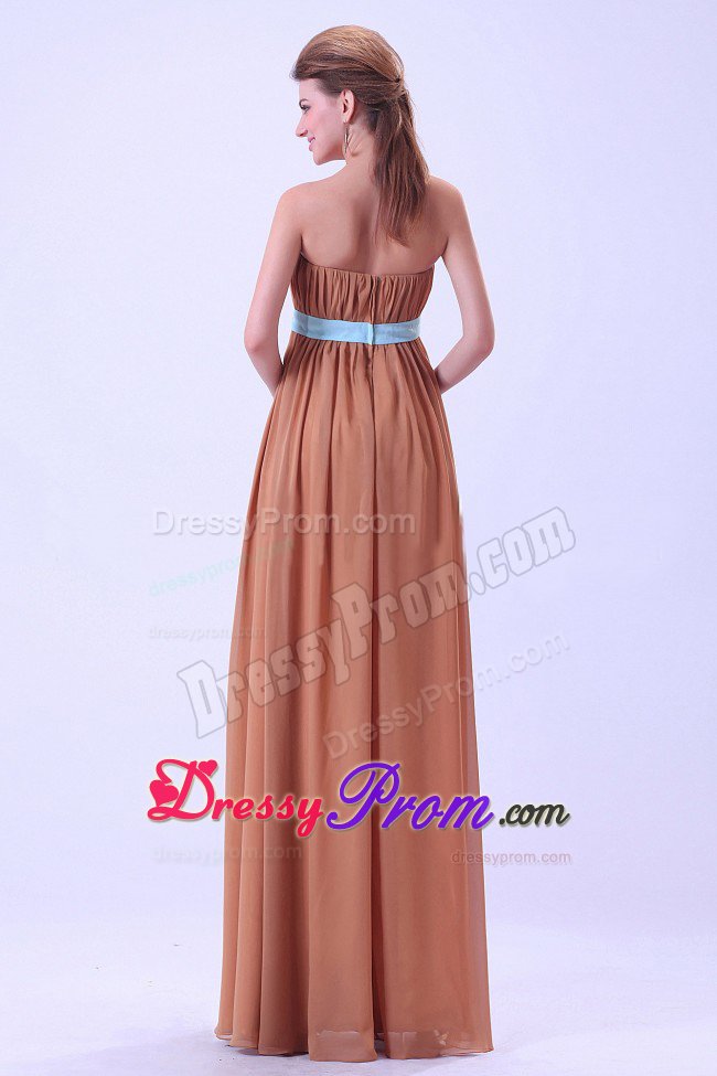 Ruched and Beaded Brown Chiffon Long Quinceanera Dama Dresses