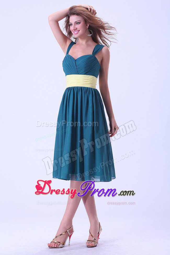 Straps Ruches Sash Tea Length Quinceanera Dama Dress in Peacock Blue