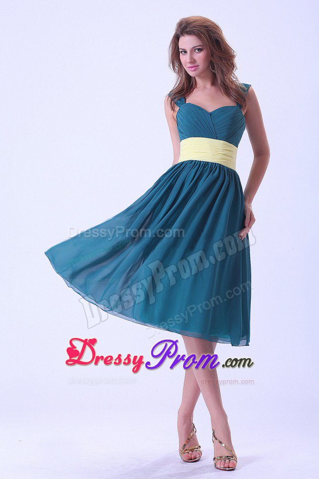 Straps Ruches Sash Tea Length Quinceanera Dama Dress in Peacock Blue