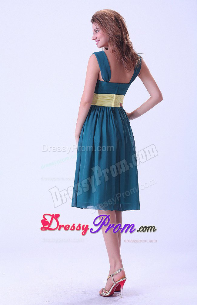 Straps Ruches Sash Tea Length Quinceanera Dama Dress in Peacock Blue