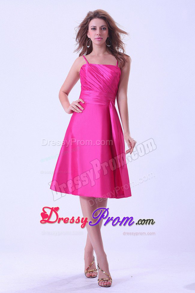 Hot Pink Pleated Dama Dress with Sash and Ruche and Spaghetti Straps