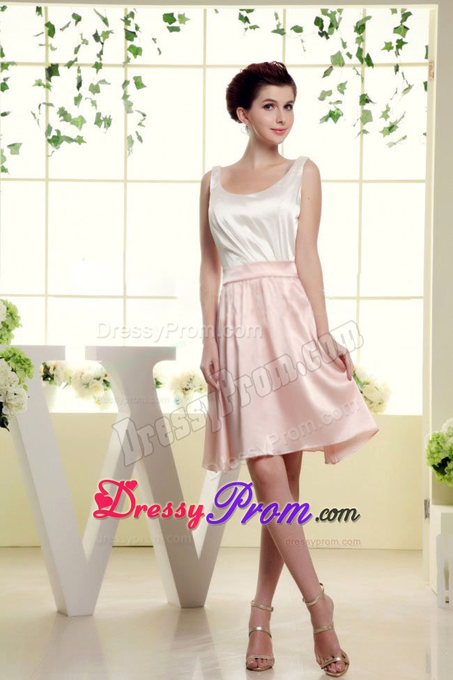 White and Baby Pink Dama Dress with Scoop Neckline in Mini-length