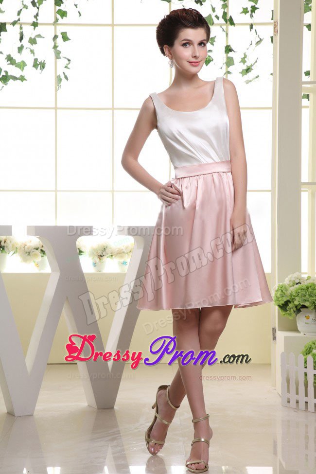 White and Baby Pink Dama Dress with Scoop Neckline in Mini-length