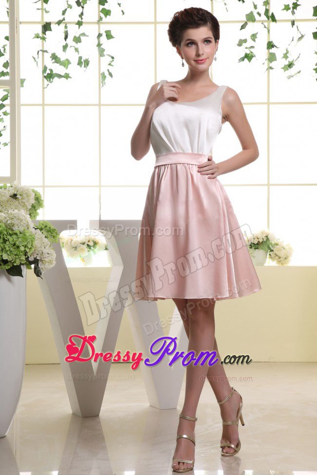 White and Baby Pink Dama Dress with Scoop Neckline in Mini-length