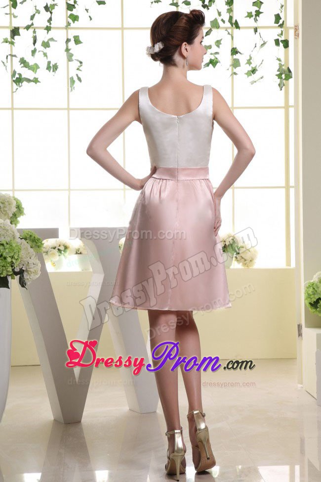 White and Baby Pink Dama Dress with Scoop Neckline in Mini-length