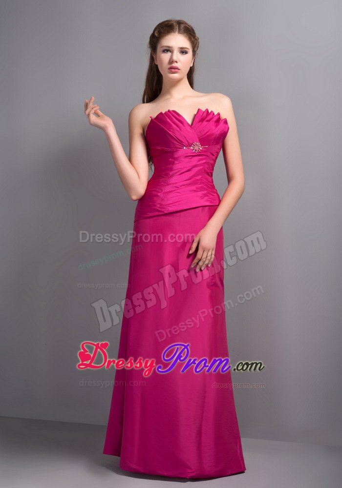 Elegant Hot Pink V-neck Dama Dress with Beading in Floor-length