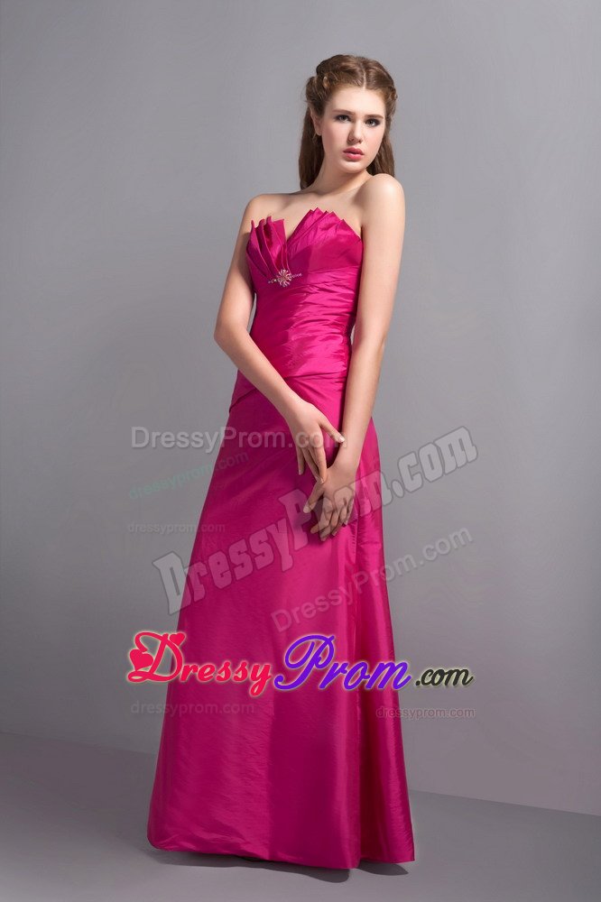 Elegant Hot Pink V-neck Dama Dress with Beading in Floor-length