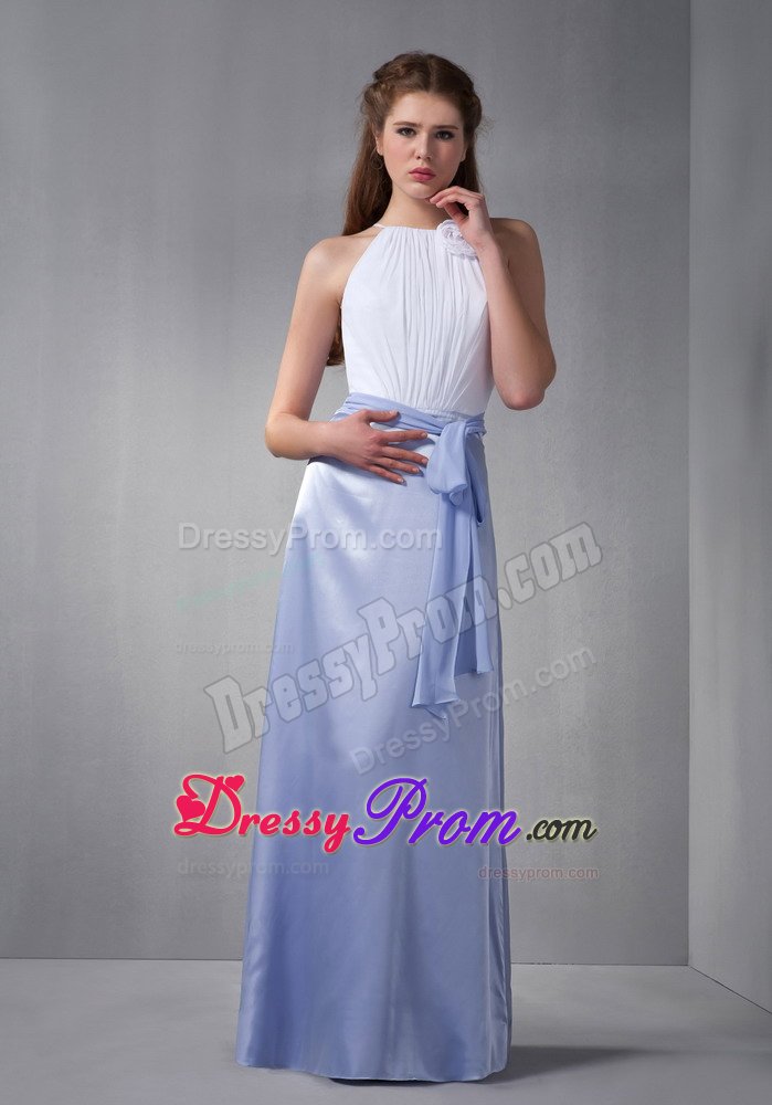 White and Lilac Bridesmaid Dama Dresses Wth Scoop Neckline and Belt