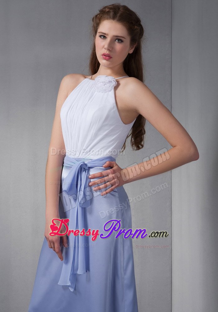 White and Lilac Bridesmaid Dama Dresses Wth Scoop Neckline and Belt