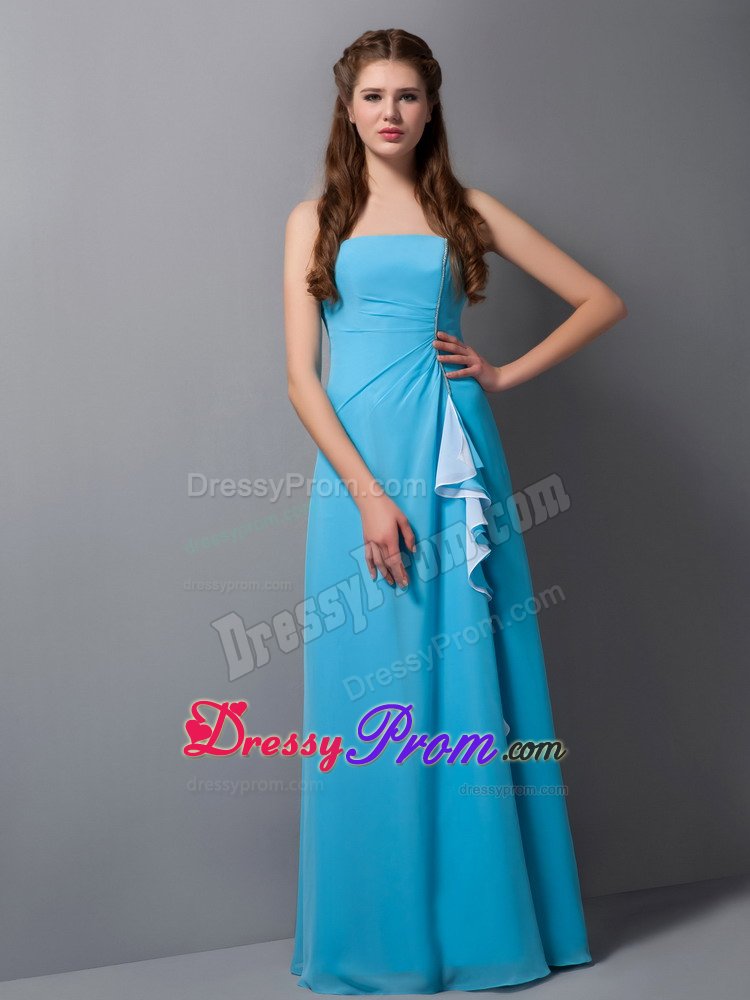 Aqua Blue Column Chiffon Dama Dress for Quinceanera with Little Ruffles