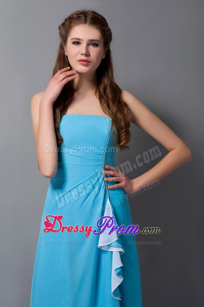 Aqua Blue Column Chiffon Dama Dress for Quinceanera with Little Ruffles