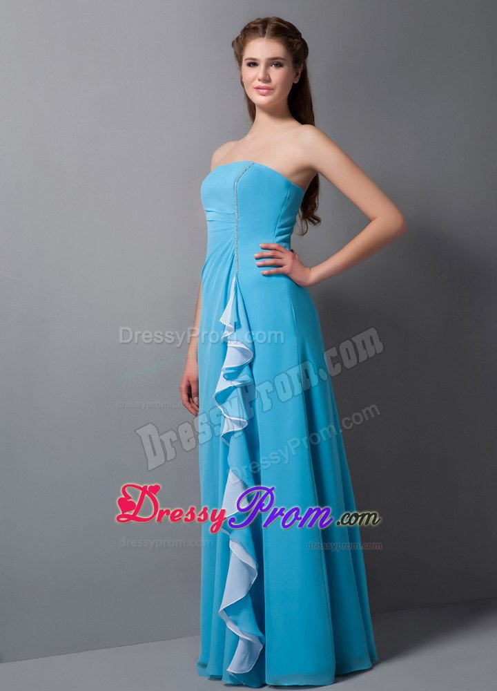 Aqua Blue Column Chiffon Dama Dress for Quinceanera with Little Ruffles