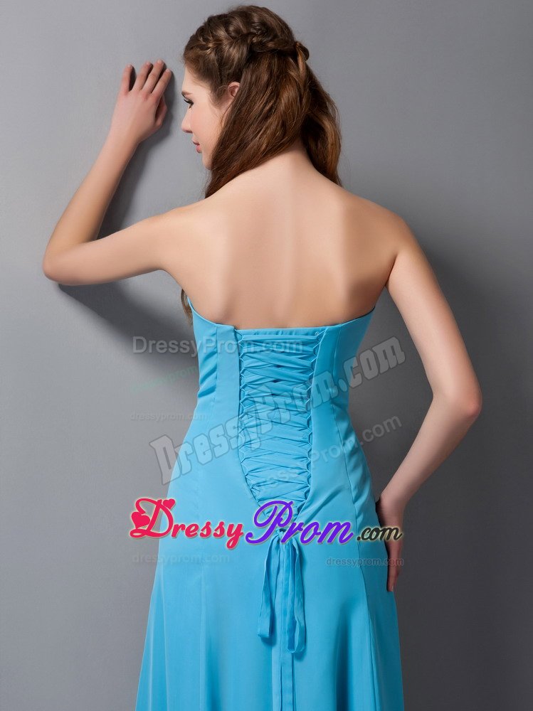 Aqua Blue Column Chiffon Dama Dress for Quinceanera with Little Ruffles