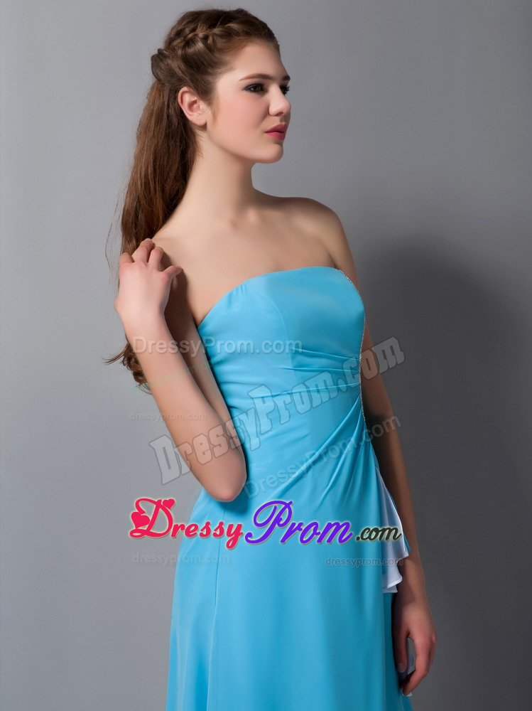 Aqua Blue Column Chiffon Dama Dress for Quinceanera with Little Ruffles