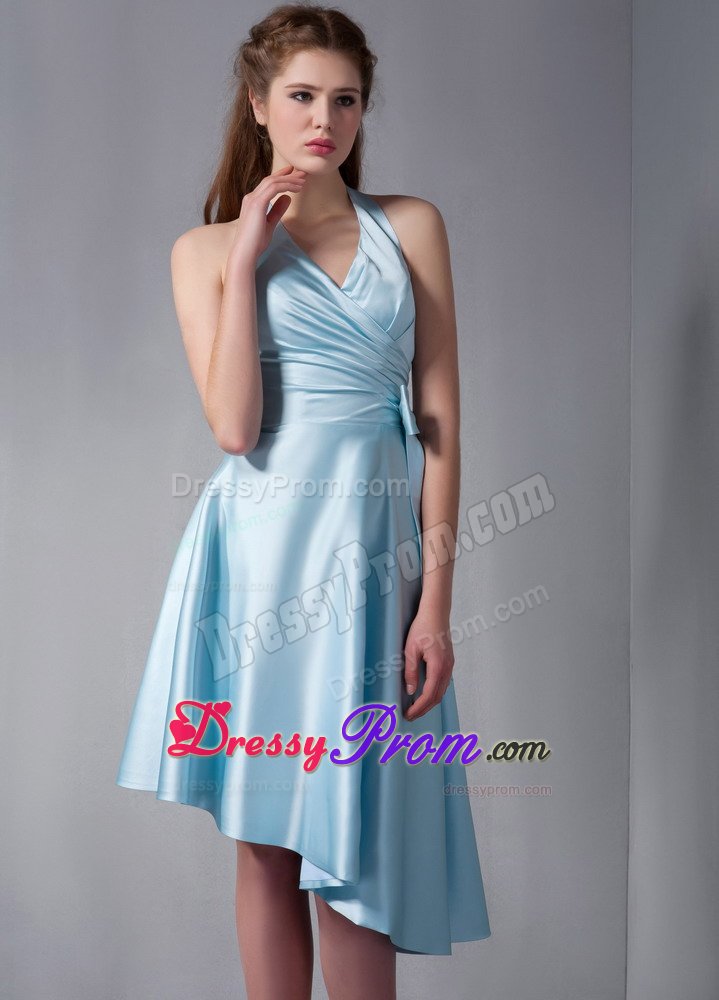 Sky Blue A-line Halter Top Dresses for Damas with Asymmetrical Hemline