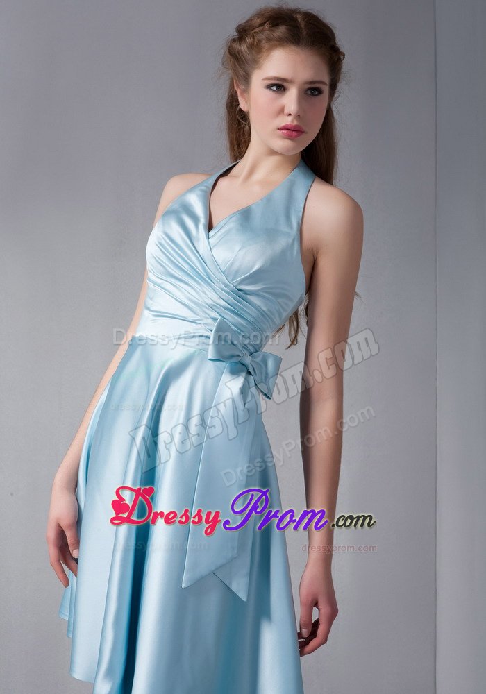 Sky Blue A-line Halter Top Dresses for Damas with Asymmetrical Hemline