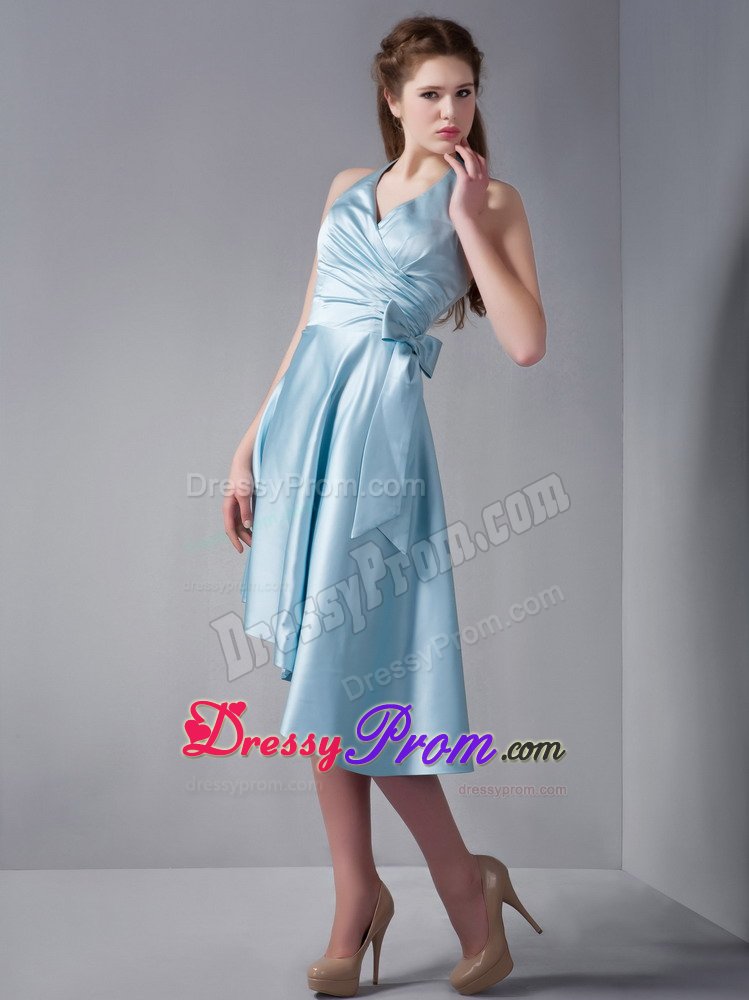 Sky Blue A-line Halter Top Dresses for Damas with Asymmetrical Hemline
