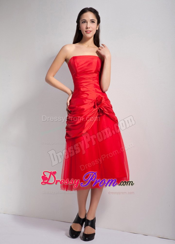 Red Taffeta and Tulle Dama Dress with Hand-made Flowers and Ruche