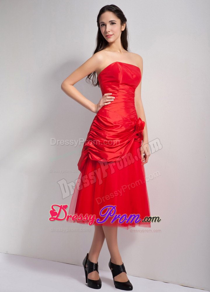 Red Taffeta and Tulle Dama Dress with Hand-made Flowers and Ruche