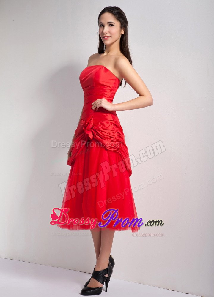 Red Taffeta and Tulle Dama Dress with Hand-made Flowers and Ruche