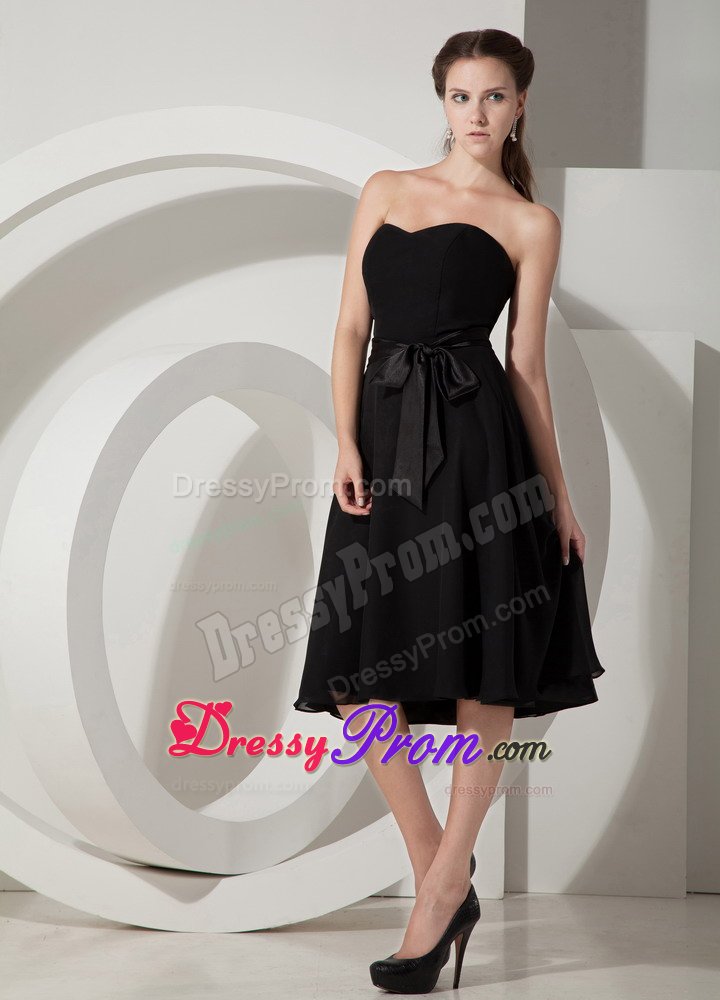 Black Chiffon Princess Dama Dress in Tea-length with Sashes / Ribbons
