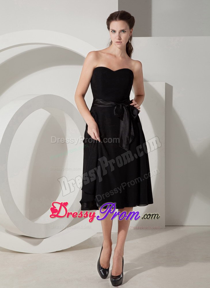 Black Chiffon Princess Dama Dress in Tea-length with Sashes / Ribbons