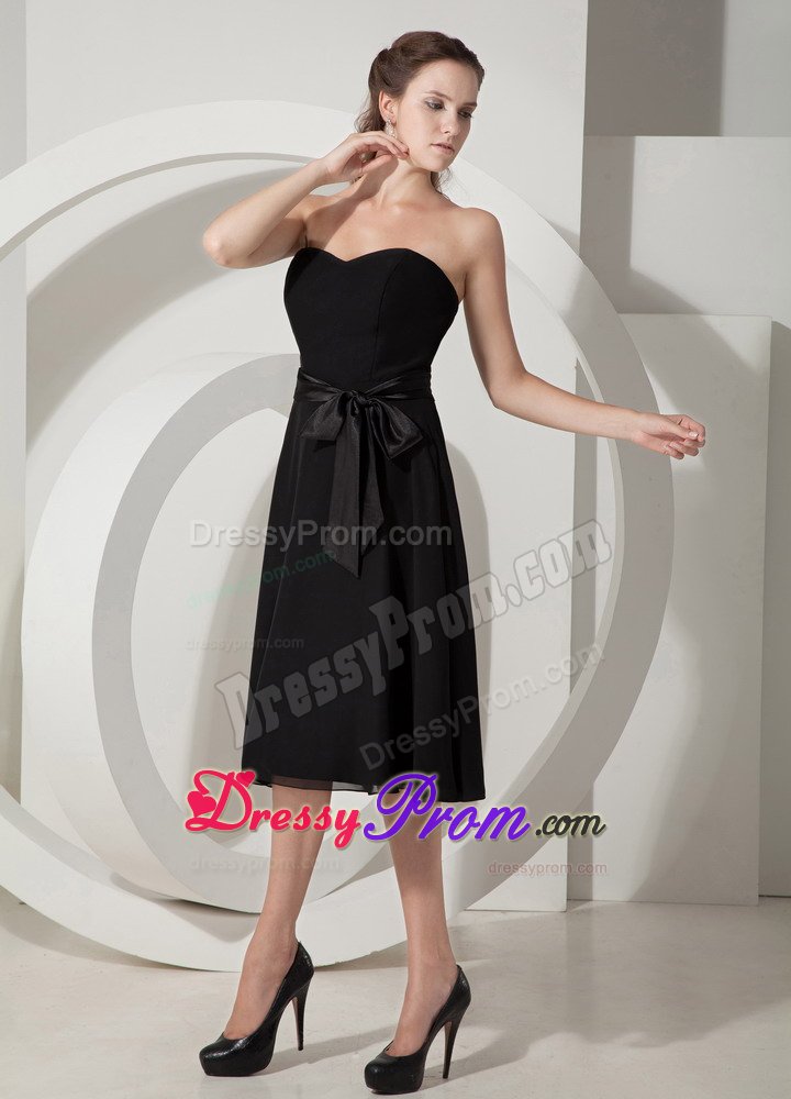 Black Chiffon Princess Dama Dress in Tea-length with Sashes / Ribbons