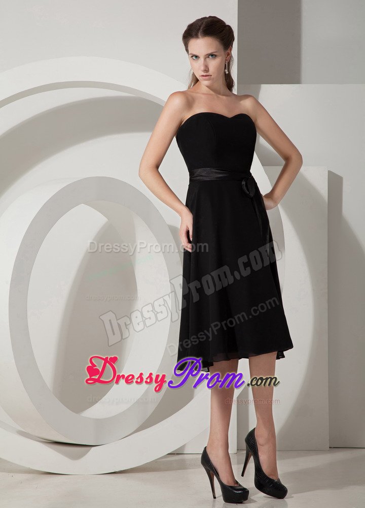 Black Chiffon Princess Dama Dress in Tea-length with Sashes / Ribbons