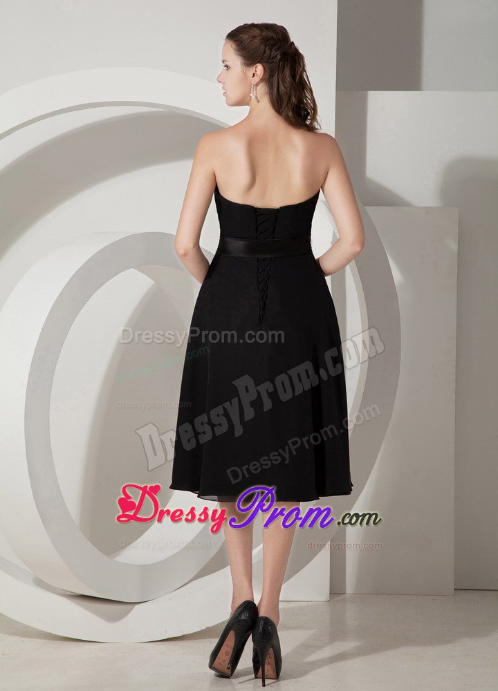 Black Chiffon Princess Dama Dress in Tea-length with Sashes / Ribbons